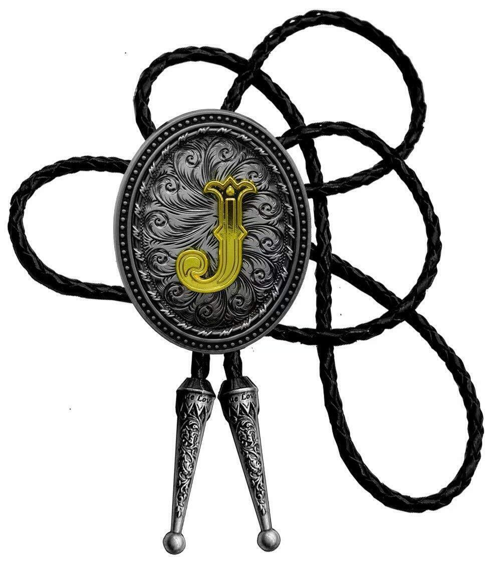 8309 Bolo Tie Silver Initial Letter A to Z In Western Cowboy Oval Medal